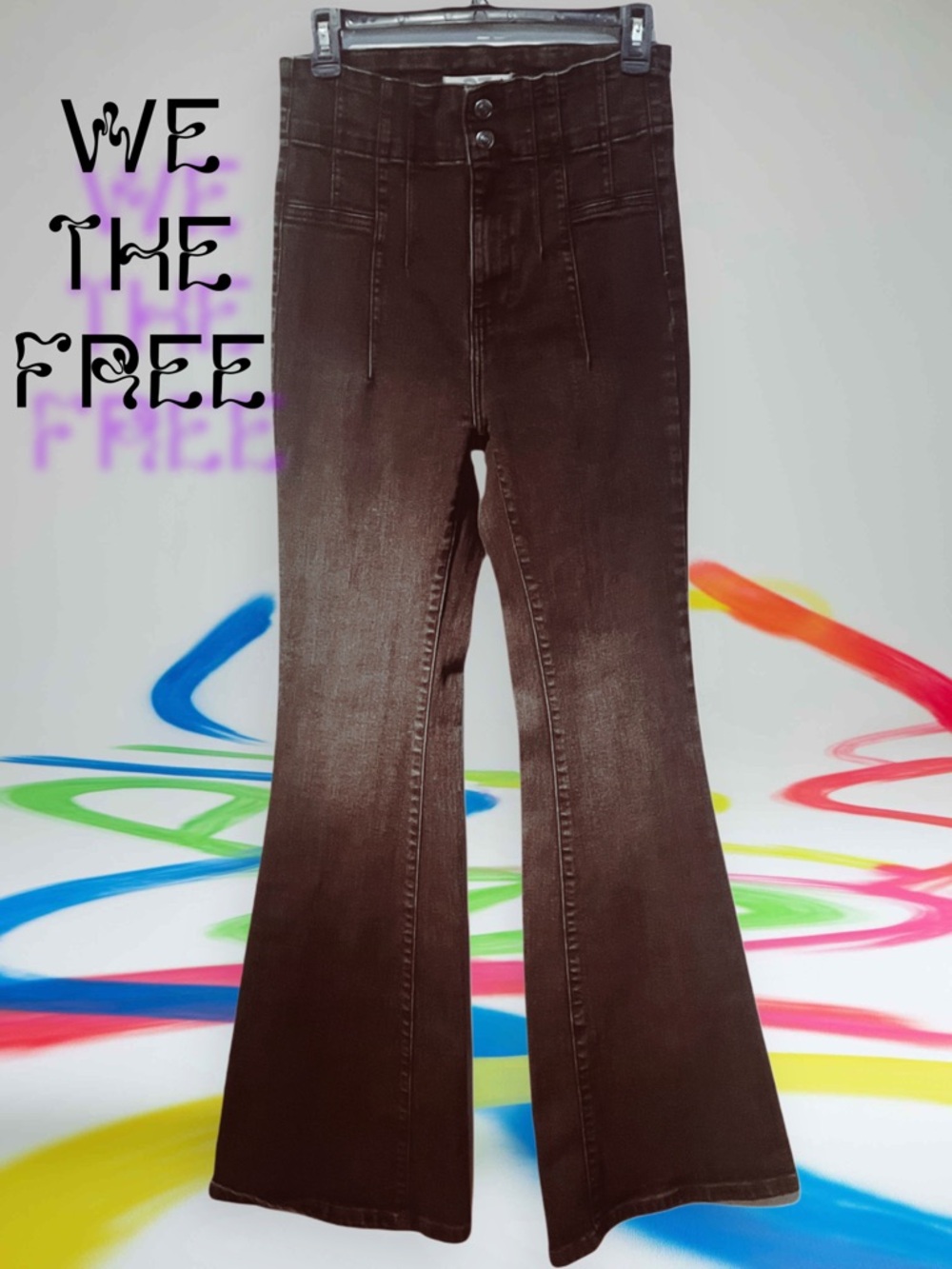 We the Free People Black Bell Bottom Jeans sz 27 31” inseam 70s Vibe High Rise - Picture 2 of 15